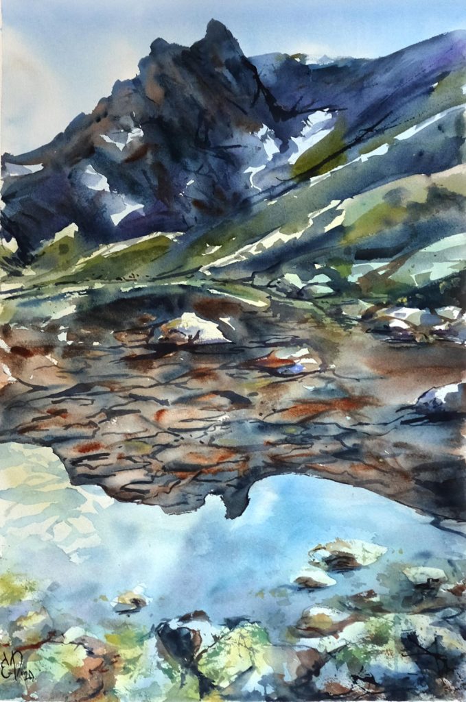 купить картину акварелью горы Кавказ Архыз горные озера
