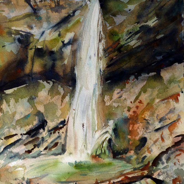 Водопады Горячего Ключа картина акварелью