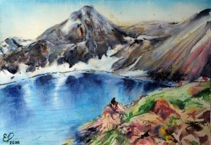 горное озеро картина акварелью