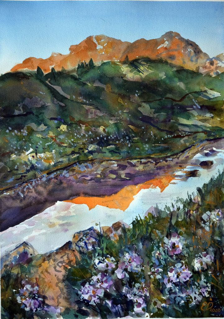 Картина акварелью горы Оштен