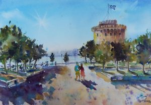 Handdrawn paintind watercolor Thessaloniki Greece