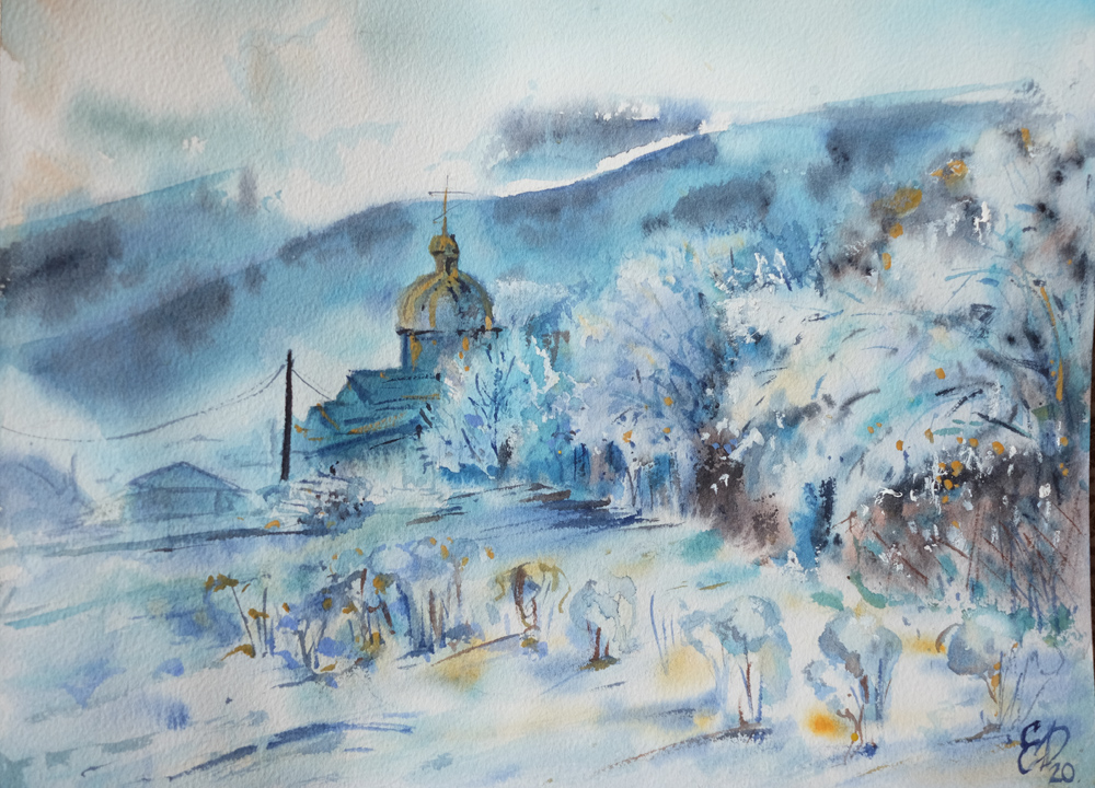 купить картину акварелью зима Рождество храм горы Хамышки Лагонаки Адыгея